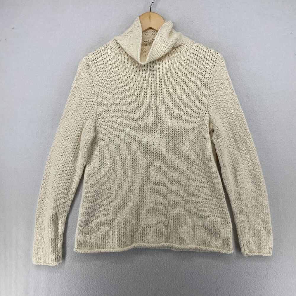 EILEEN FISHER Sweater S Organic Cotton Rib Chunky Turtleneck Pullover Beige